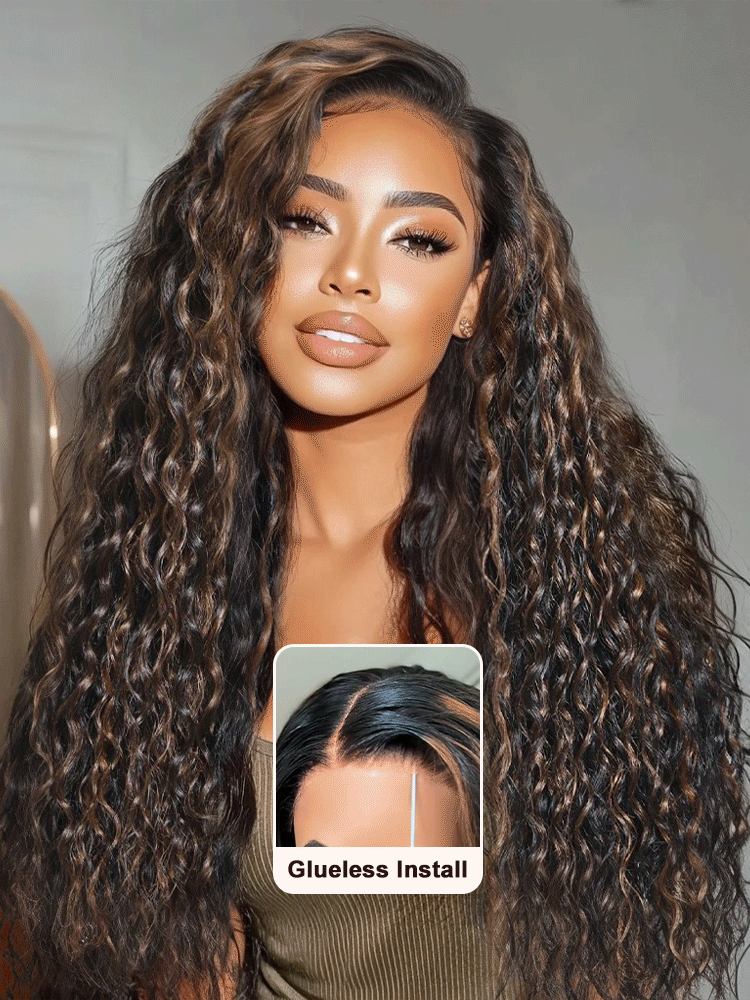 WigCool Black Wig With Golden Brown Highlights Water Wave Wig 7x5/13x4 HD Transparent Lace Frontal Wig Pre Plucked Hairline 100% Human Hair