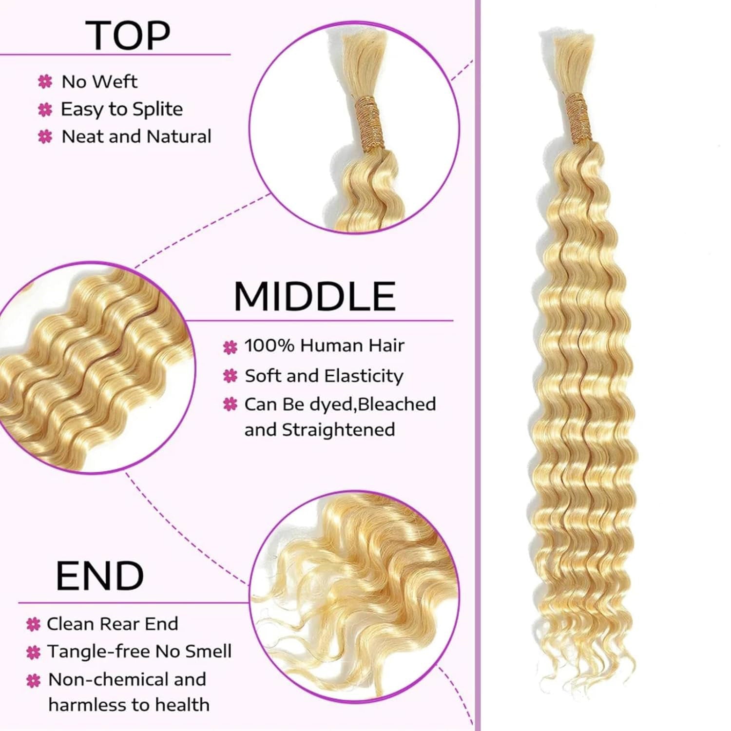 613 Blonde Human Hair No Weft Deep Wave Bulk Hair for Braiding Hair Extensions for Boho Braids Micro Braiding(70g/bundle)