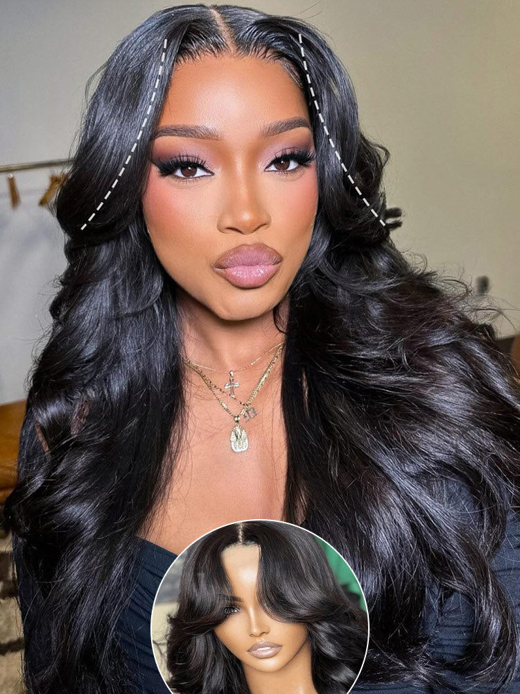 Body Wave Curtain Bangs Wig Pull To Go 5x5/13x4 HD Transparent Lace Frontal Wig Invisible Knots Human Hair Wigs-WigCool
