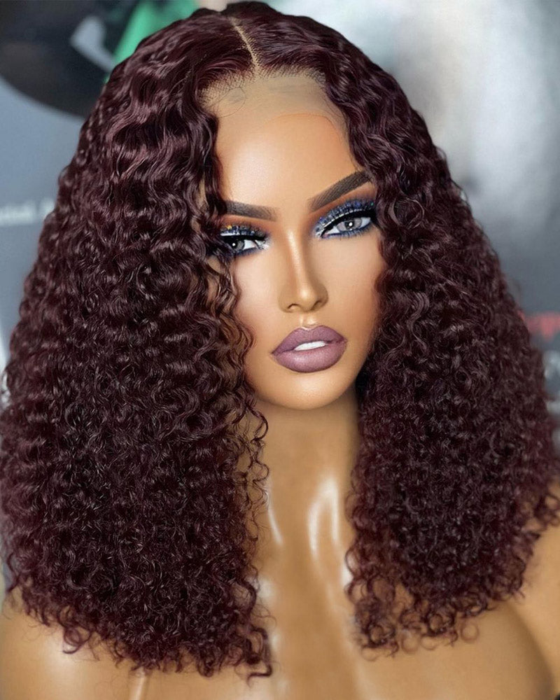 Short Curly Bob Wig Dark 99j Burgundy 13x4 HD Transparent Lace Frontal Wig Pre Plucked Real Human Hair Wig