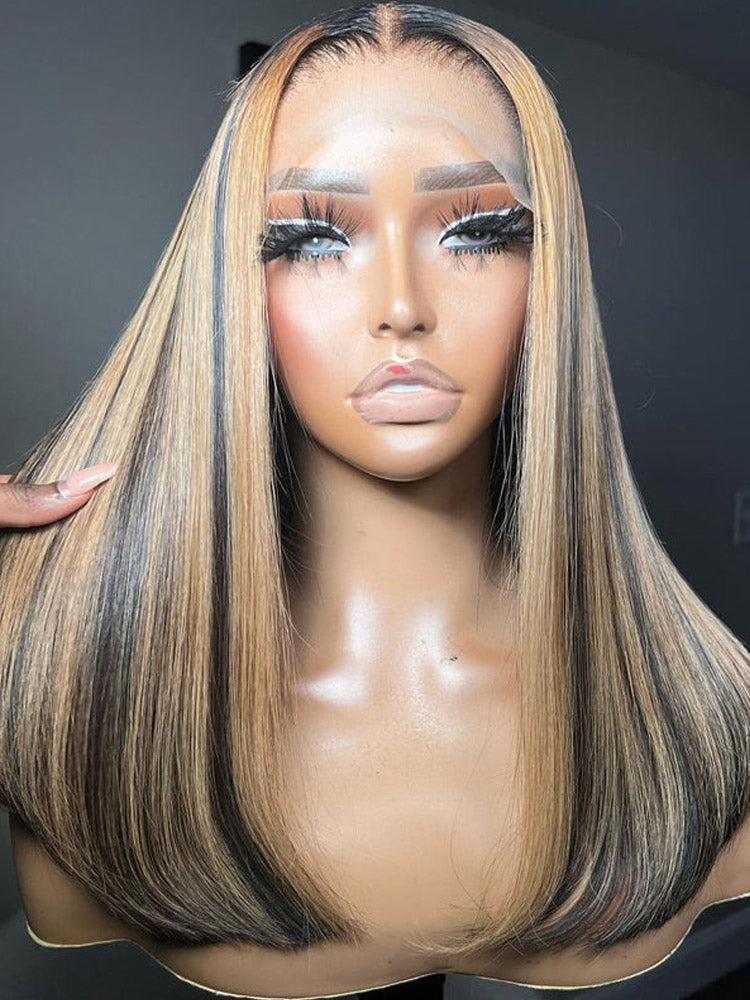 Honey Blonde Highlight Bob Wig 13x4 HD Lace Frontal Wig Straight Human Hair Pre Plucked For Women