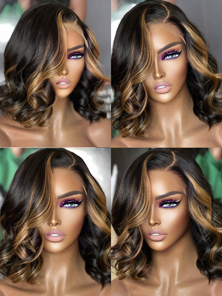 Loose Wave Short Bob Wig 13x4 HD Transparent Lace Frontal Black Hair With Blonde Highlights Wig Natural Hairline Real Human Hair Wig