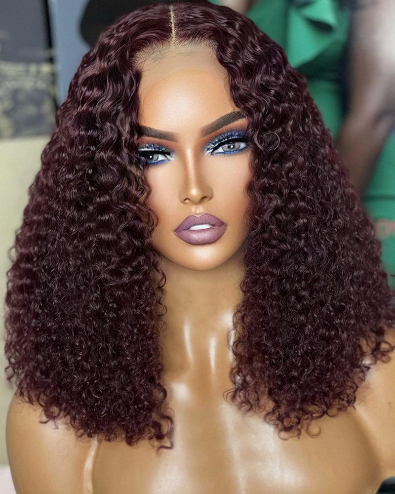 Short Curly Bob Wig Dark 99j Burgundy 13x4 HD Transparent Lace Frontal Wig Pre Plucked Real Human Hair Wig