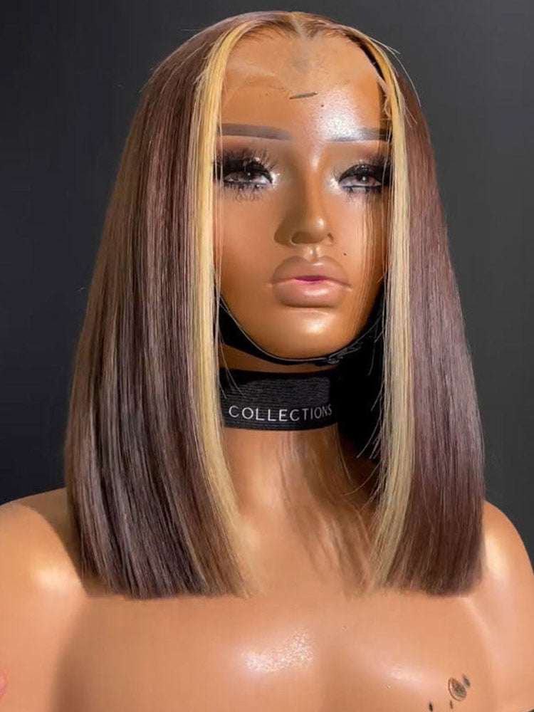 Short Straight Bob Wig Honey Blonde Highlight 13x4 HD Transparent Lace Frontal Wig Pre Plucke 100% Human Hair Wig