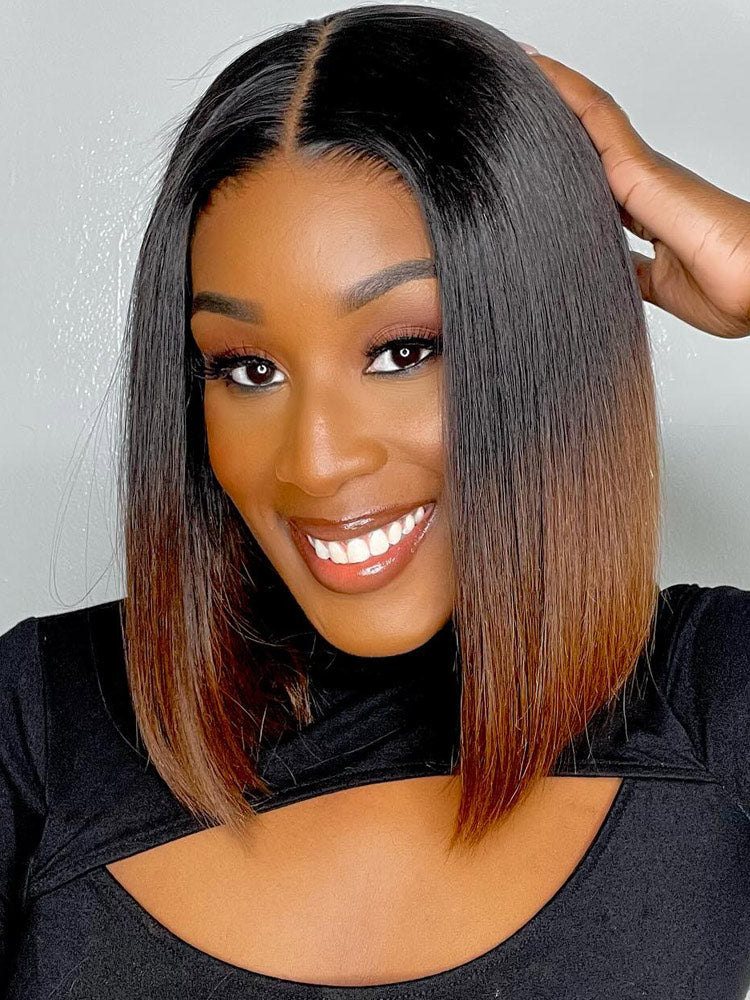 Short Straight Bob Wig Ombre Brown 13x4 HD Transparent Lace Frontal Wig Pre Plucked Real Human Hair Wig