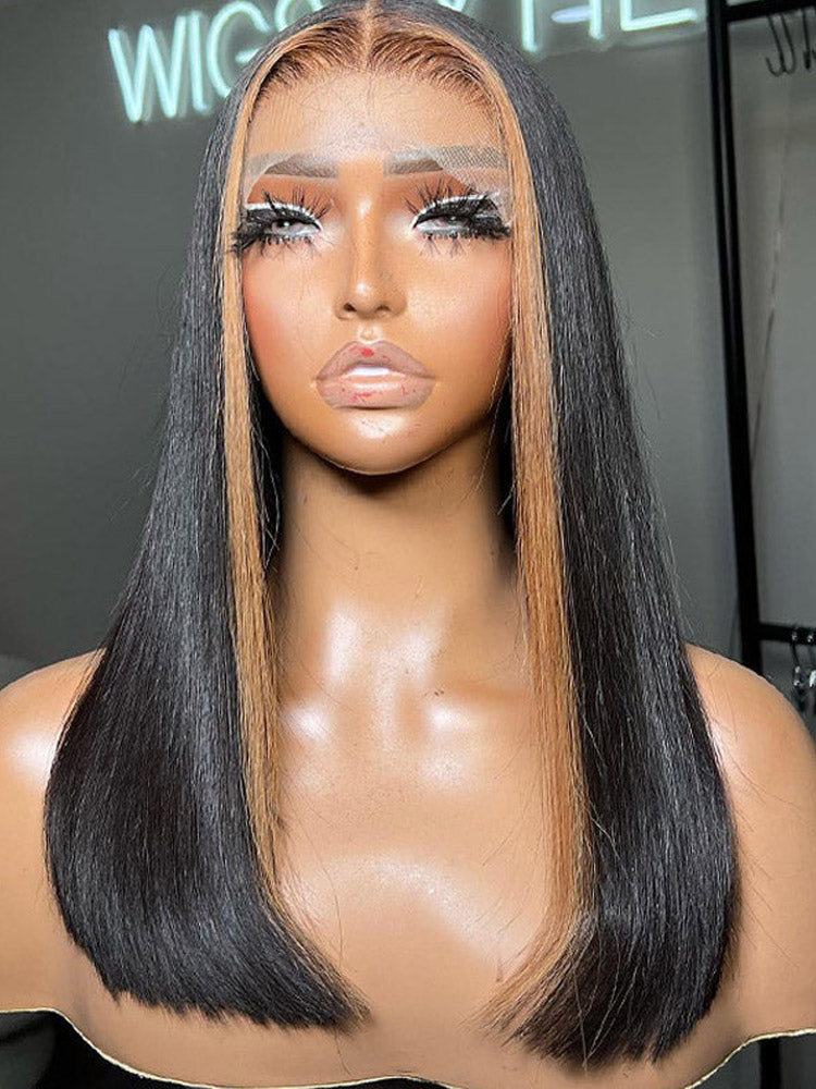 Skunk Stripe Bob Wig 13x4 Blond Highlight Straight HD Transparent Lace Frontal 100% Human Hair Wig