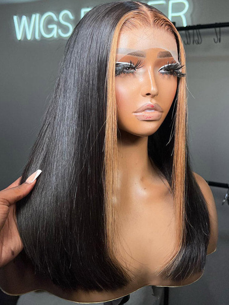 Skunk Stripe Bob Wig 13x4 Blond Highlight Straight HD Transparent Lace Frontal 100% Human Hair Wig
