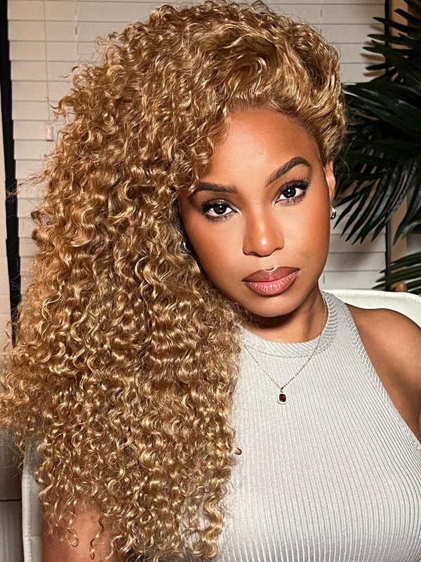 WigCool 13x4/5x5 Transparent Honey Blonde Lace Front Wig Jerry Curly Pre Plucked With Baby Hair Natural Hairline