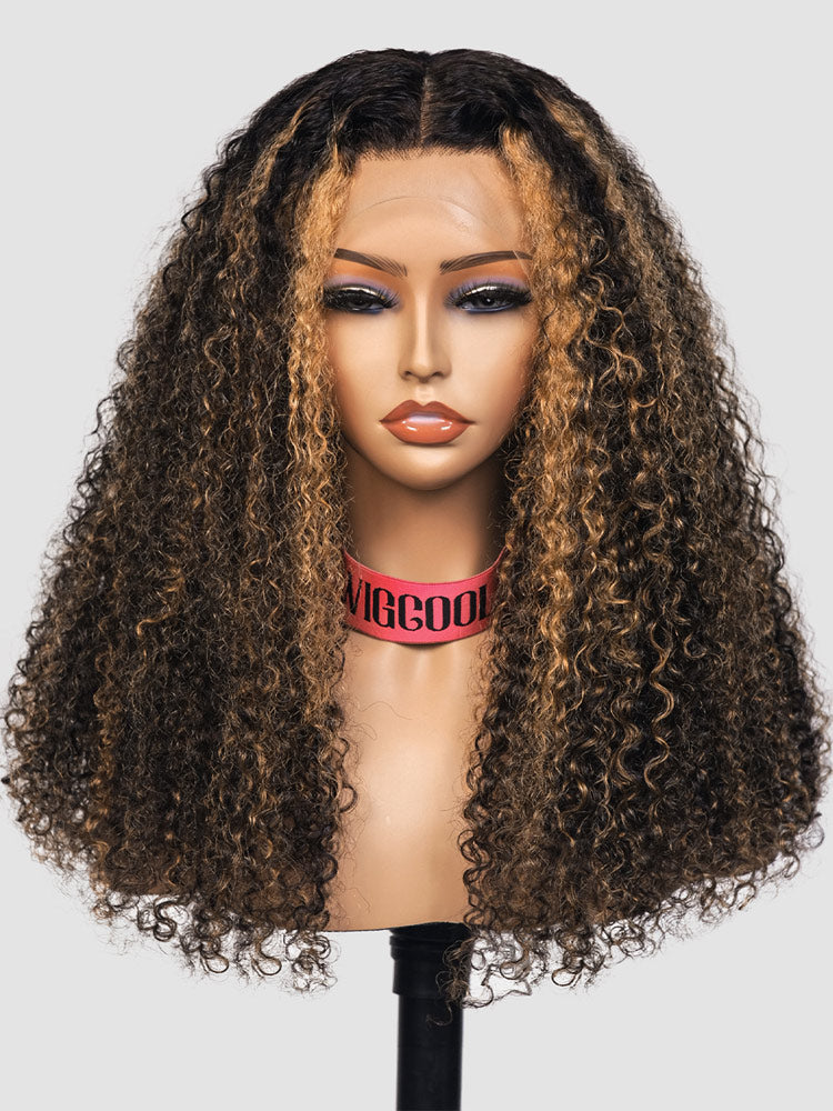 WigCool Black Wig With Honey Brown Highlights Curly Wig Pull To Go 13x4 HD Transparent Lace Frontal Wig Pre Plucked Hairline