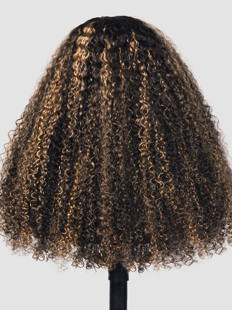 WigCool Black Wig With Honey Brown Highlights Curly Wig Pull To Go 13x4 HD Transparent Lace Frontal Wig Pre Plucked Hairline