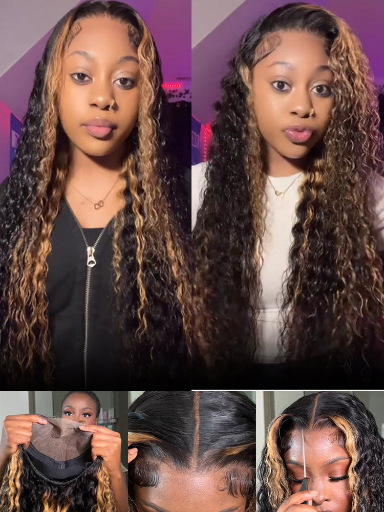 WigCool Blonde Highlights Deep Curly Wave Wig 7x5/13x4 HD Transparent Lace Frontal Wig Pre Plucked Hairline 100% Human Hair