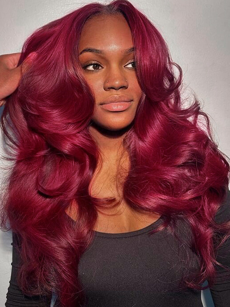 Wigcool Curtain Bangs 99J Burgundy Wig Body Wave 9x6/13x6 HD Transparents Lace Frontal Wig Pre Plucked with Baby Hair