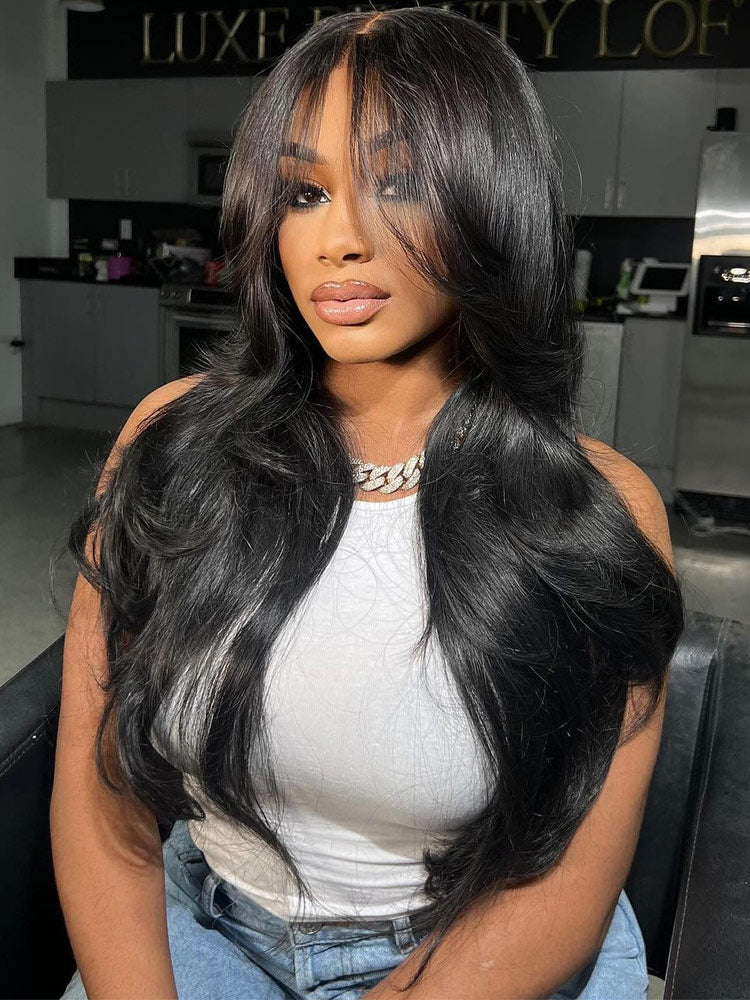 Body Wave Curtain Bangs Wig Pull To Go 5x5/13x4 HD Transparent Lace Frontal Wig Invisible Knots Human Hair Wigs-WigCool