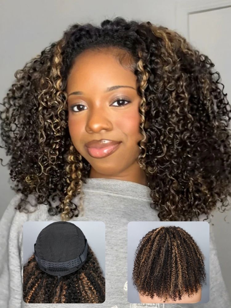 Wigcool Highlight Brown Kinky Curly Half Wig Drawstring Flip Over Wig