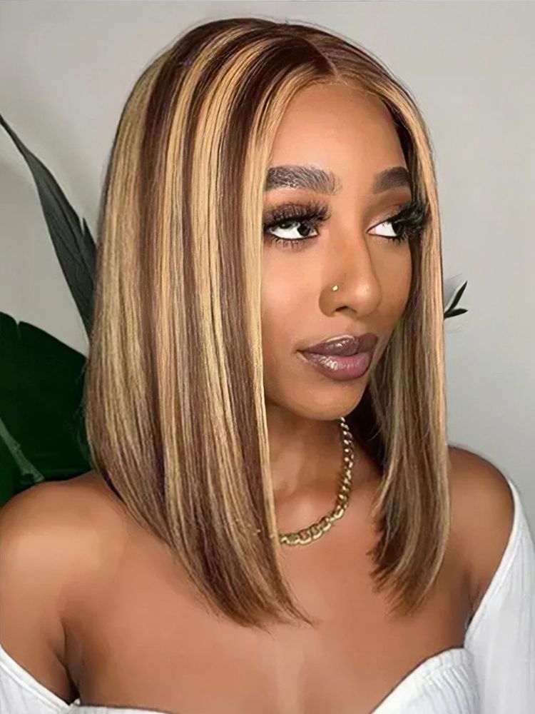 4/27 Honey Blonde Highlight Wigs Straight Bob 13x4 HD Lace Front Wig Human Hair Wig