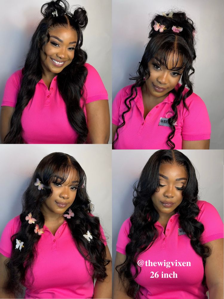 Wigcool Curtain Bangs Glueless Swiss HD Lace Wigs 3D Body Wave Wigs Chic Retro Single Knots Human Hair Wigs