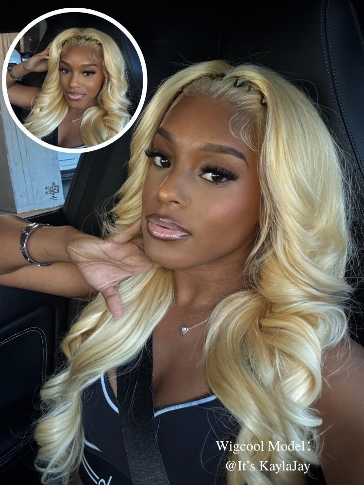 Woman with blonde wig styled in a car, with inset showing close-up of wig.