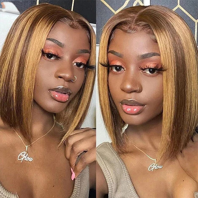 Straight Hair 4/27 Honey Blonde Highlight Wig Short Bob 13x4 HD Lace Front Wig Human Hair Wig