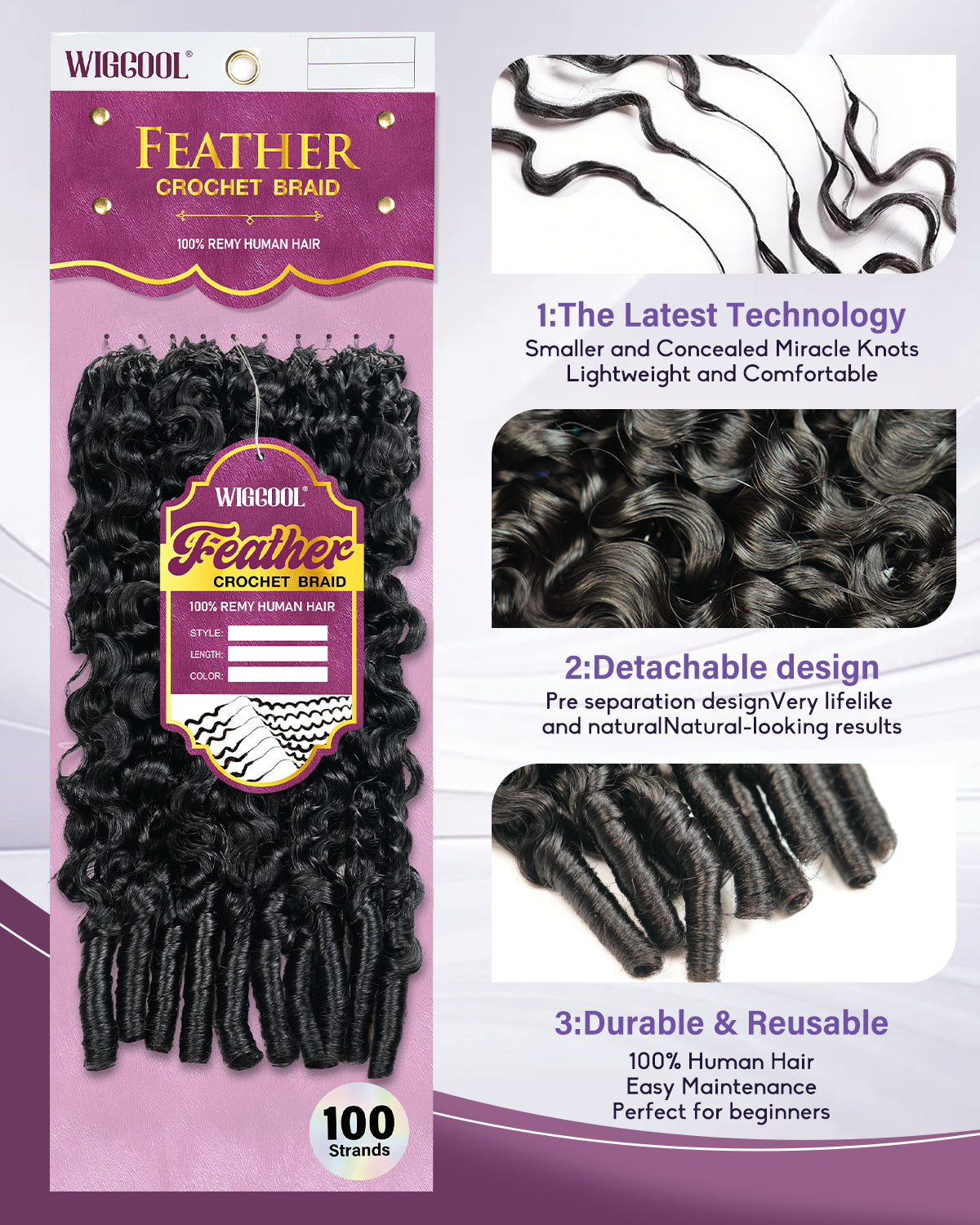 Human Crochet Hair for Black Women 20Inch Burmese Curly Human Hair Crochet Bundles 100Strands Pre-Separated Feather Crochet Human Hair Wet and Wavy Invisible Miracle Knots Hair Natural Black