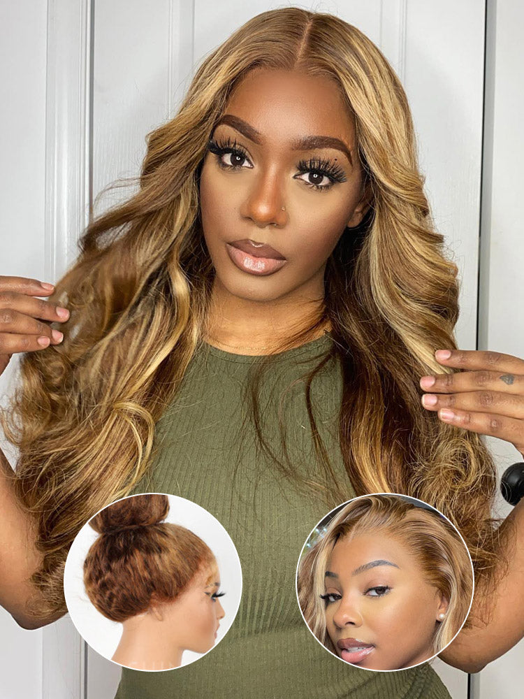 [Upgrade 360] Body Wave P4/27 Ombre Highlight Color Hidden Strap 360 Lace Frontal Wig Glueless Human Hair