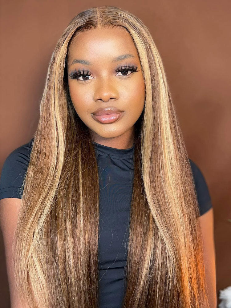 [Upgrade 360] Kinky Straight P4/27 Ombre Highlight Color Hidden Strap 360 Lace Frontal Wig Glueless Human Hair