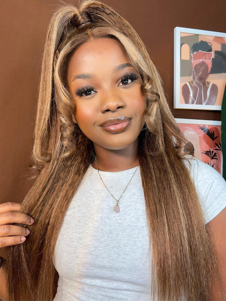 [Upgrade 360] Kinky Straight P4/27 Ombre Highlight Color Hidden Strap 360 Lace Frontal Wig Glueless Human Hair