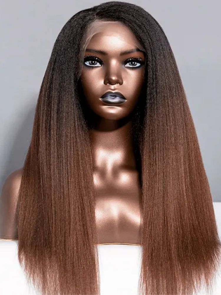 [Upgrade 360] Brown Ombre Yaki Straight Wigs Invisi Strap 360 Lace Frontal Wig Glueless Human Hair Wigs