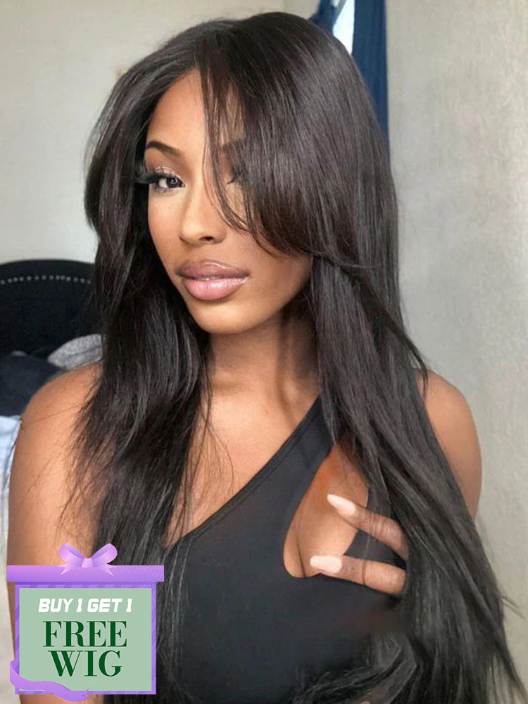 BOGO Curtain Bang Wig Straight 9X6 Glueless Parting Max Human Hair Wig