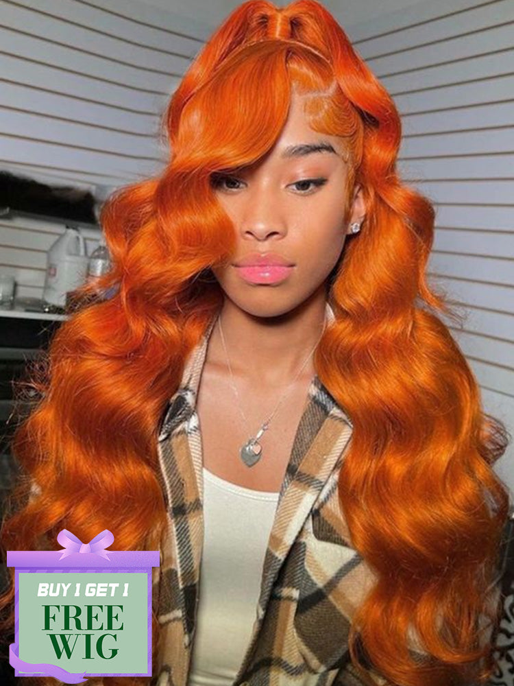 BOGO Ginger Orange Color Wigs Body Wave 13x6 Transparent Lace Front Wig Human Hair
