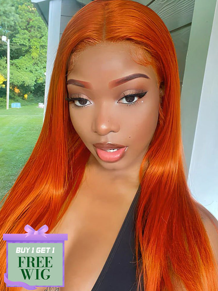 BOGO Ginger Orange Color Straight 13x6 Transparent Lace Front Wig Human Hair