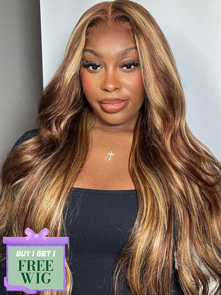 BOGO 4/27 Highlight Body Wave T Part Lace Front Human Hair Wigs Pre Plucked with Baby Hair