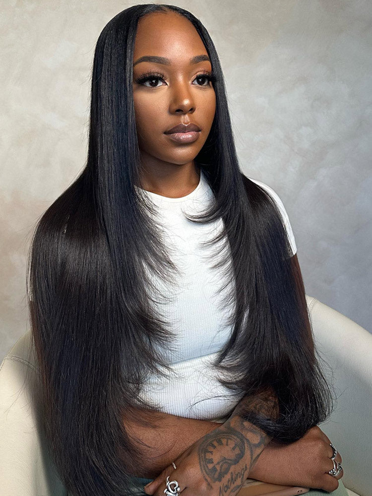 Straight Layered Wig Pre Cut Swiss HD Lace Glueless Wig Middle Part Blowout Long Hair Style