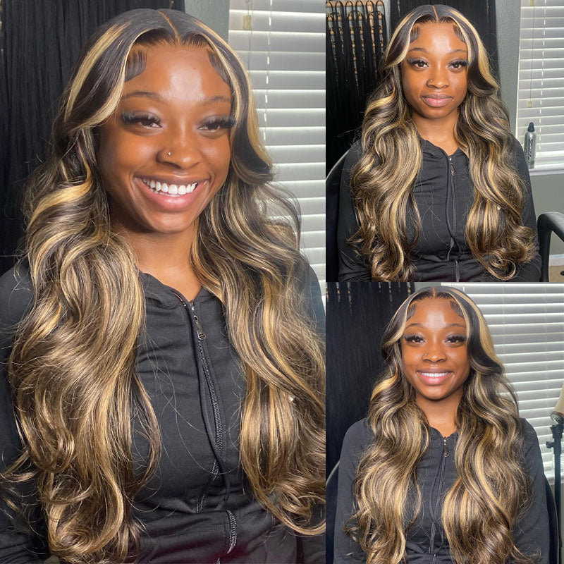 [Upgrade Strap] WigCool Body Wave Balayage Hair Pull To Go 5x5/13x4 Pre Cut Transparent Lace Frontal Wig Black Hair With Blonde Highlights Human Hair Wig