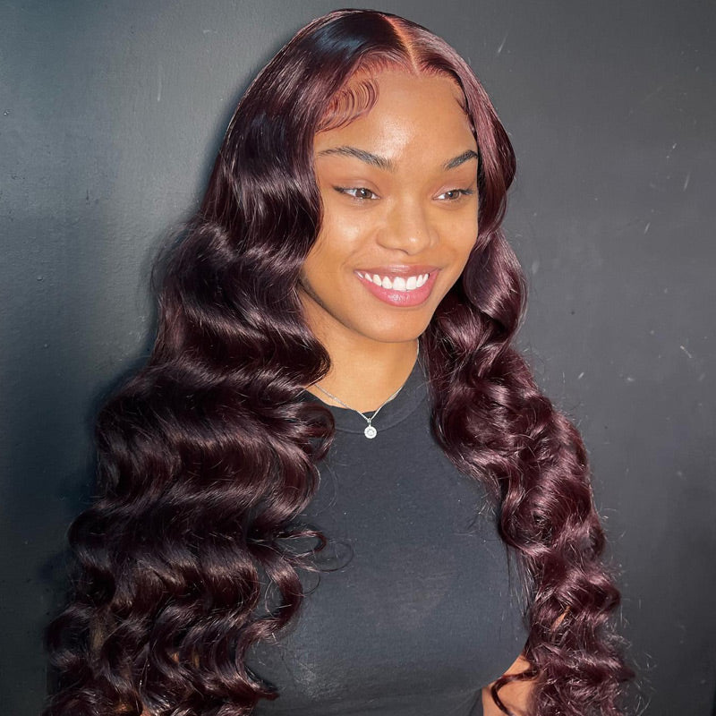 [Upgrade Strap] Dark 99j Burgundy Wig Natural Crimps Curls Loose Wave Pull To Go 5x5/13x4 Pre Cut Transparent Lace Frontal Wig Natural Hairline
