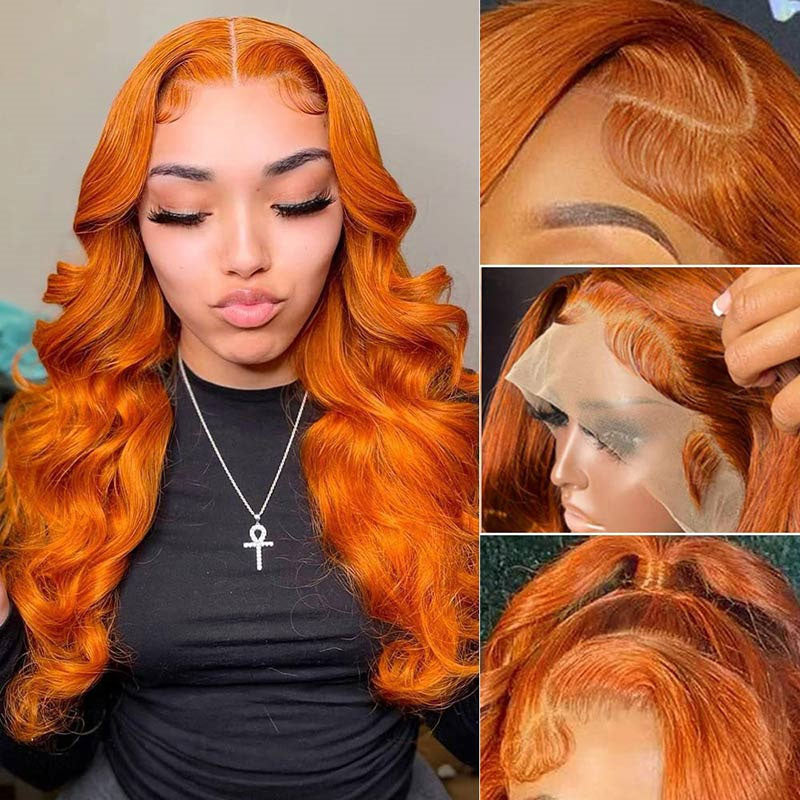 {Super Deal} $87 Get Ginger Orange Color Body Wave/Straight Hair 13x6 Transparent Lace Front Wig Human Hair