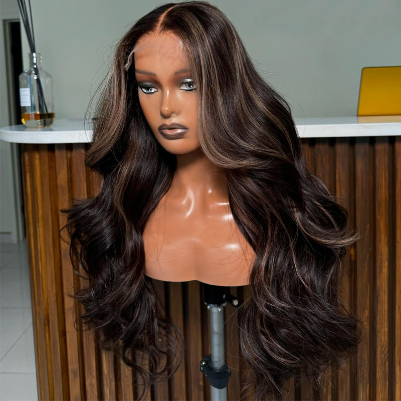 [Upgrade Strap] WigCool Body Wave Pull To Go 5x5/13x4 Pre Cut Transparent Lace Frontal Wig Natural Black Hair With Blonde Highlight Wigs