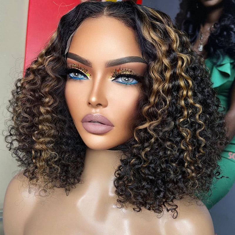 Short Curly Bob Wig Ombre Blonde Highlight 13x4 HD Transparent Lace Frontal Wig Pre Plucked Real Human Hair Wig