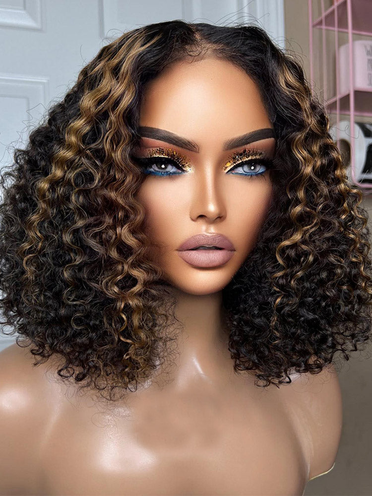 Short Curly Bob Wig Blonde Highlight 13x4 HD Transparent Lace Frontal Wig Pre Plucked Real Human Hair Wig
