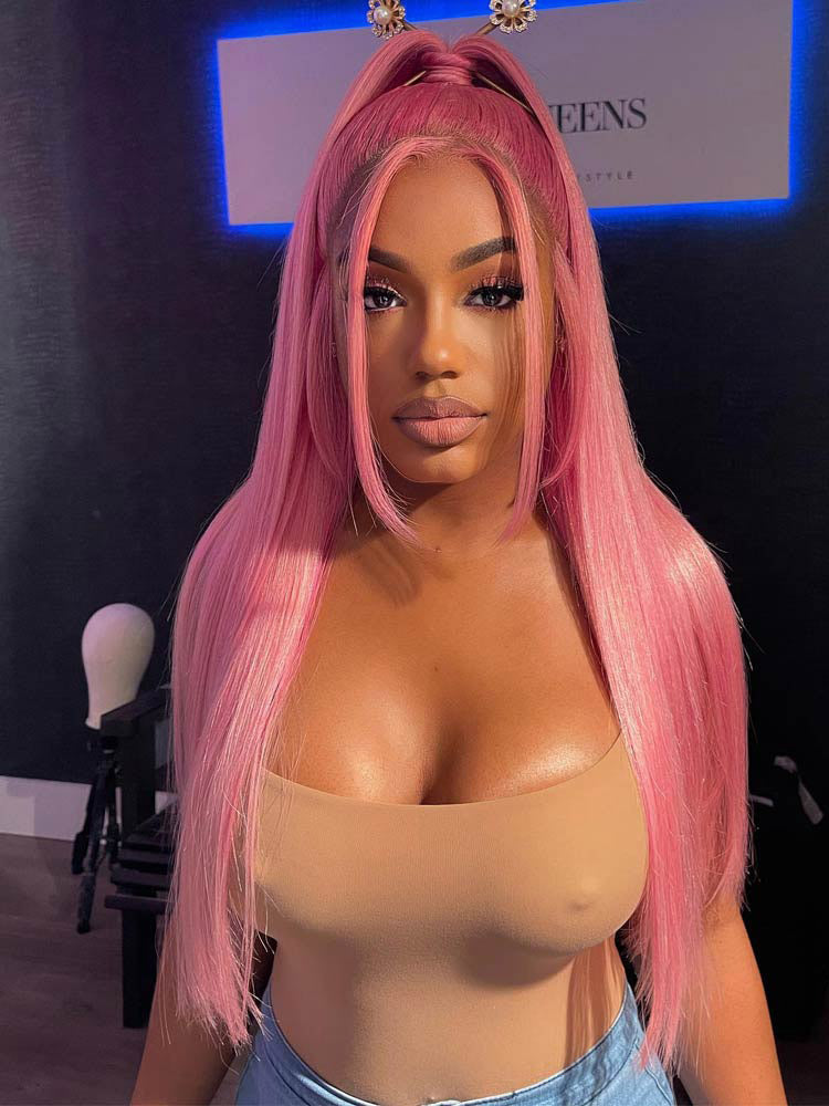 [Upgrade 360] Ping Color Body Wave/Straight Invisi Strap 360 Transparent Lace Frontal Wig Pre Plucked Human Hair Wigs