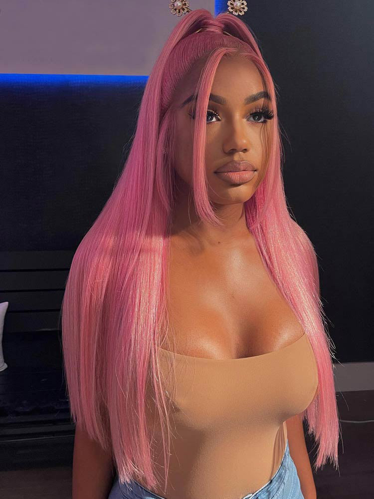 [Upgrade 360] Ping Color Body Wave/Straight Invisi Strap 360 Transparent Lace Frontal Wig Pre Plucked Human Hair Wigs