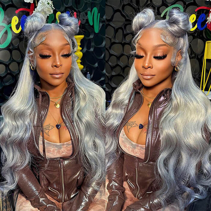 [Upgrade 360] Silver Grey Body Wave/Straight Invisi Strap 360 Transparent Lace Frontal Wig Pre Plucked Human Hair Wigs