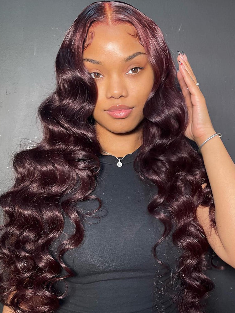 [Upgrade Strap] Dark 99j Burgundy Wig Natural Crimps Curls Loose Wave Pull To Go 5x5/13x4 Pre Cut Transparent Lace Frontal Wig Natural Hairline