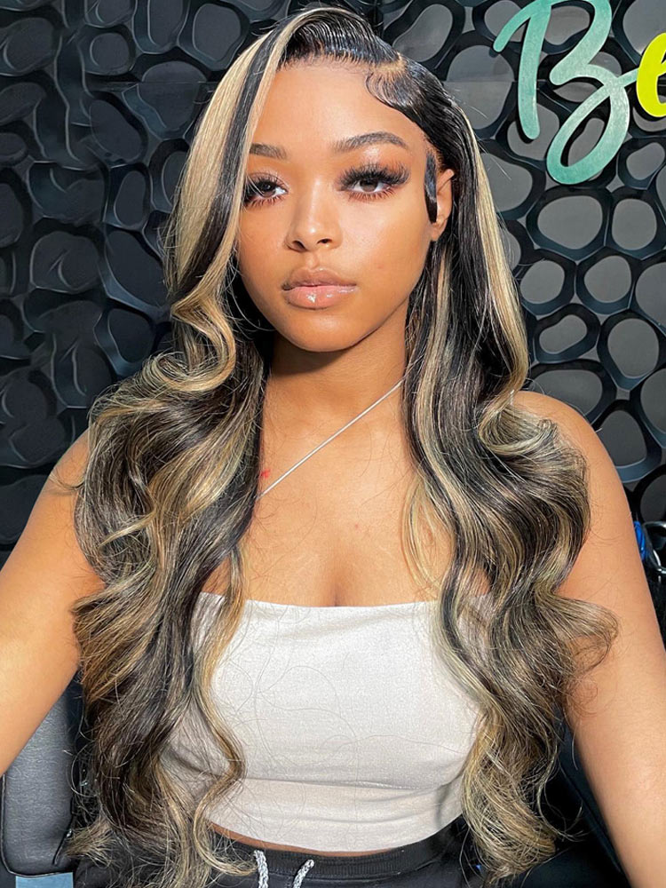[Upgrade Strap] WigCool Body Wave Balayage Hair Pull To Go 5x5/13x4 Pre Cut Transparent Lace Frontal Wig Black Hair With Blonde Highlights Human Hair Wig