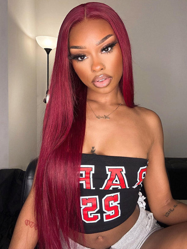 WigCool 99j Burgundy 5x5/13x4 Transparent Lace Front Wig Straight Hair 99j Transparent Lace Frontal Human Hair Wig Pre Plucked With Baby Hair