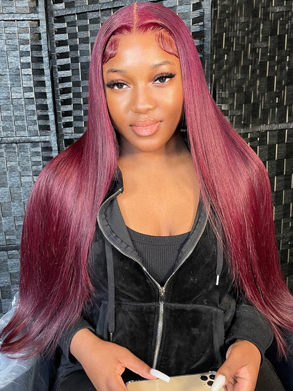 WigCool 99j Burgundy 5x5/13x4 Transparent Lace Front Wig Straight Hair 99j Transparent Lace Frontal Human Hair Wig Pre Plucked With Baby Hair