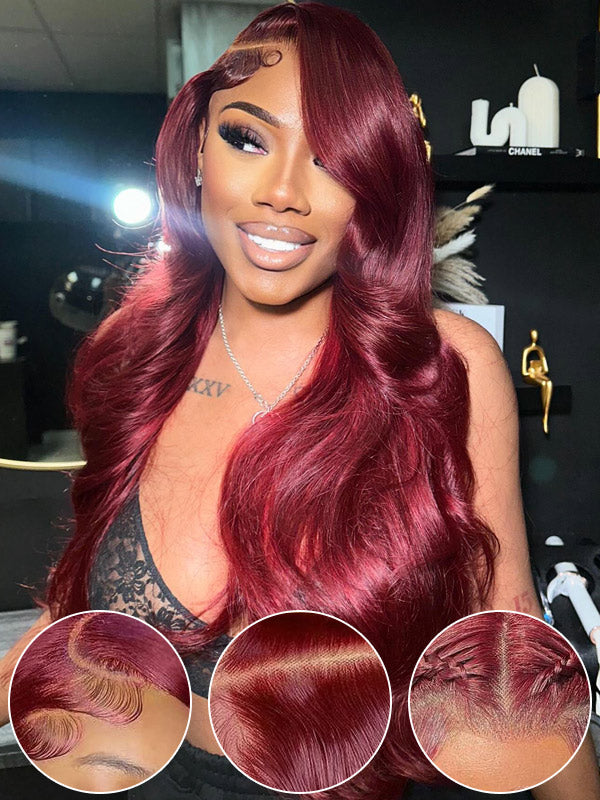 WigCool 99j Burgundy Color Body Wave 5x5/13x4 Transparent Lace Front Human Hair Wigs Pre Plucked With Baby Hair