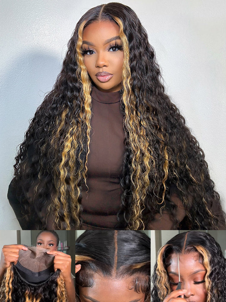 WigCool Blonde Highlights Deep Curly Wave Wig 7x5/13x4 HD Transparent Lace Frontal Wig Pre Plucked Hairline 100% Human Hair
