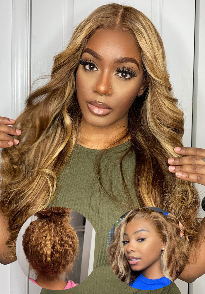 [Upgrade 360] Body Wave P4/27 Ombre Highlight Color Hidden Strap 360 Lace Frontal Wig Glueless Human Hair