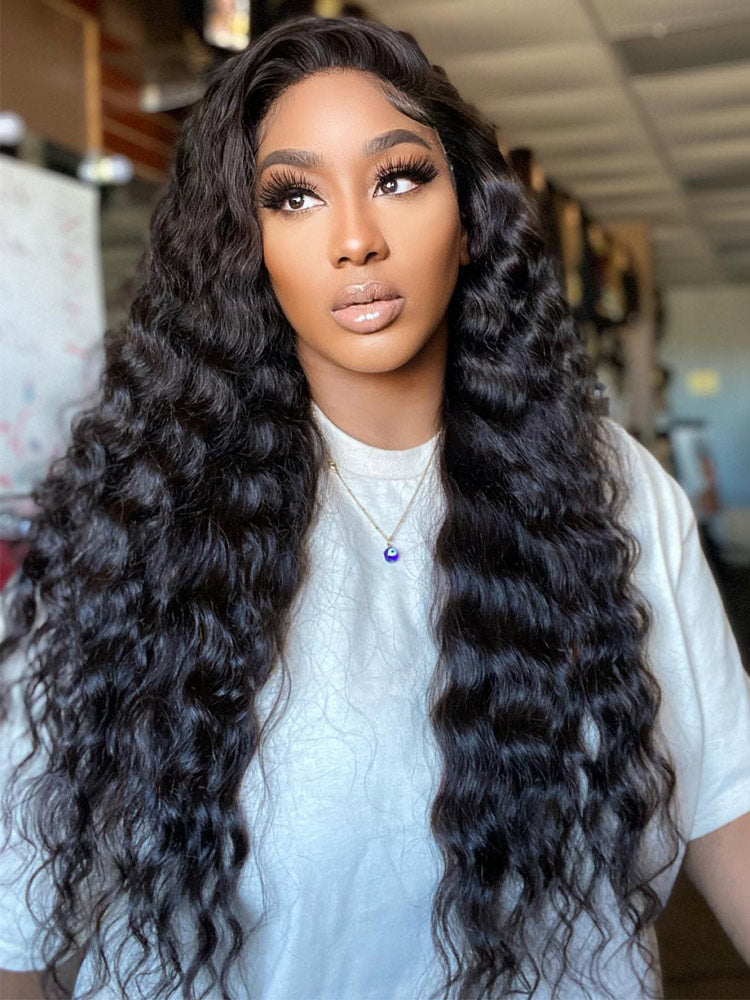 [Upgrade 360] 300% Density Face Framing Deep Wave Invisi Strap 360 Transparent Lace Frontal Wig Pre Plucked Human Hair Wigs