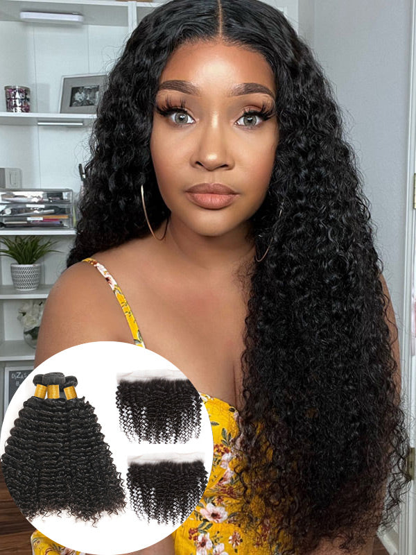 WigCool jerry Curly 3 Bundles With 13x4 Swiss HD Lace Frontal 100% Human Hair